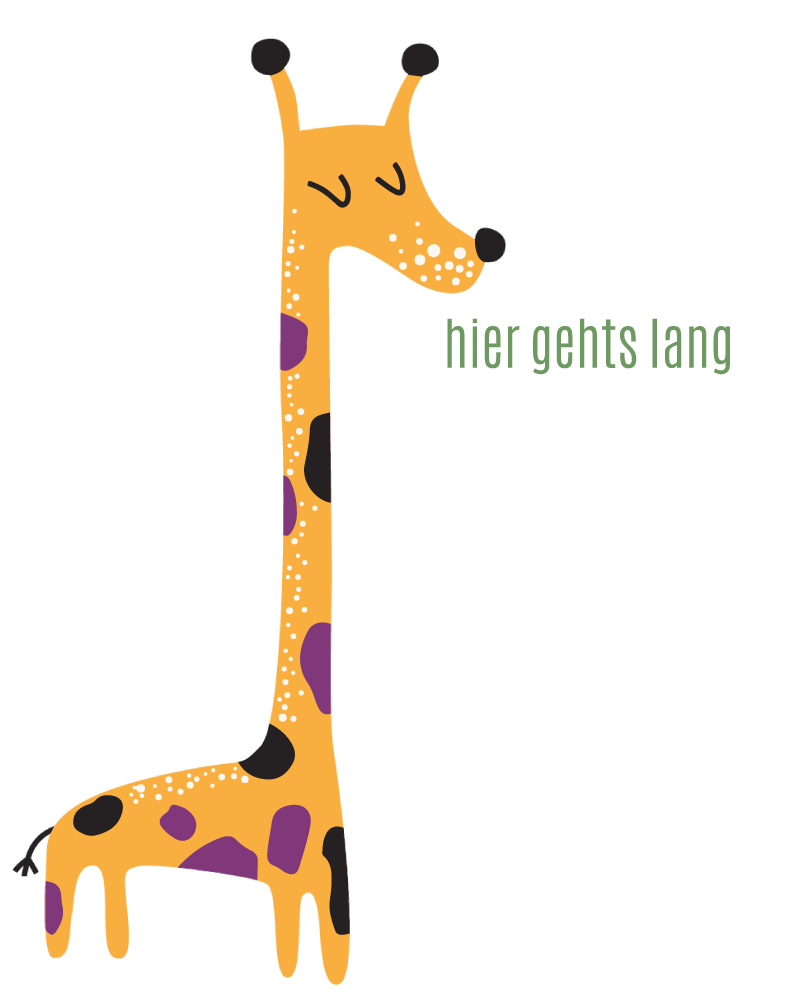 Giraffe mit Schild "Hier gehts lang"