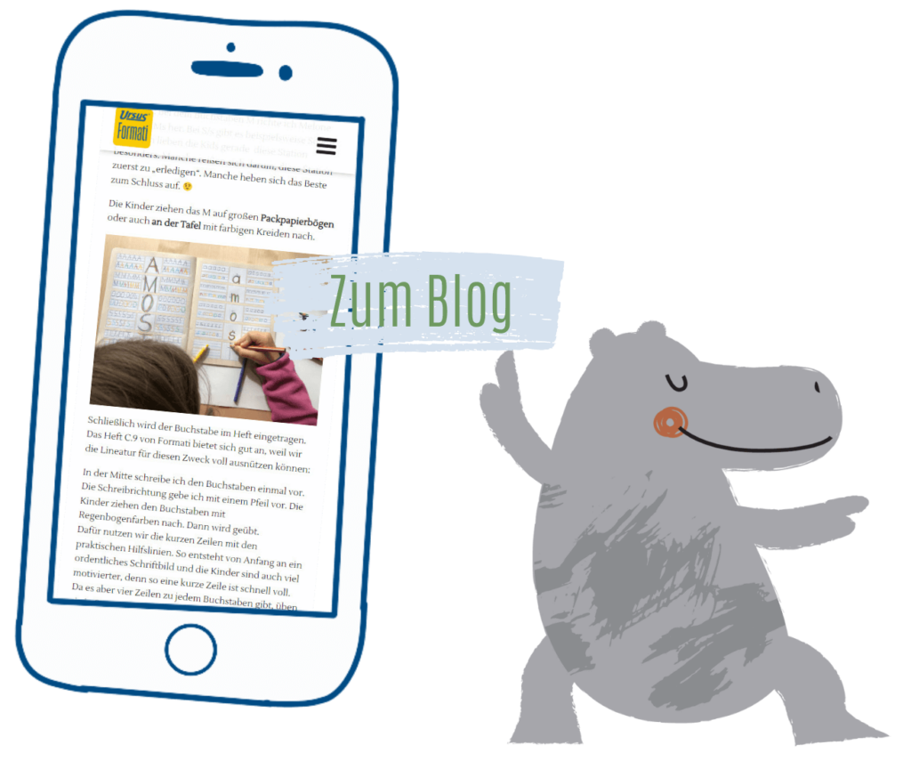 Grafik Smartphone mit Hippo und Schriftzug Zum Blog